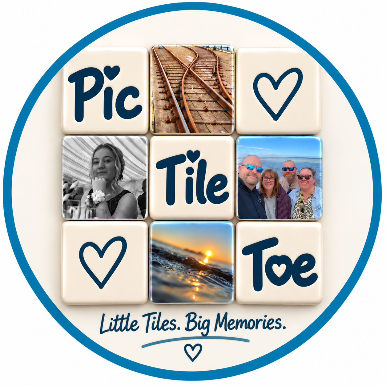 PicTileToe circular artwork: a nine-tile grid of portraits, friends, railway tracks, a sunset and heart tiles, with the words Little Tiles. Big Memories.